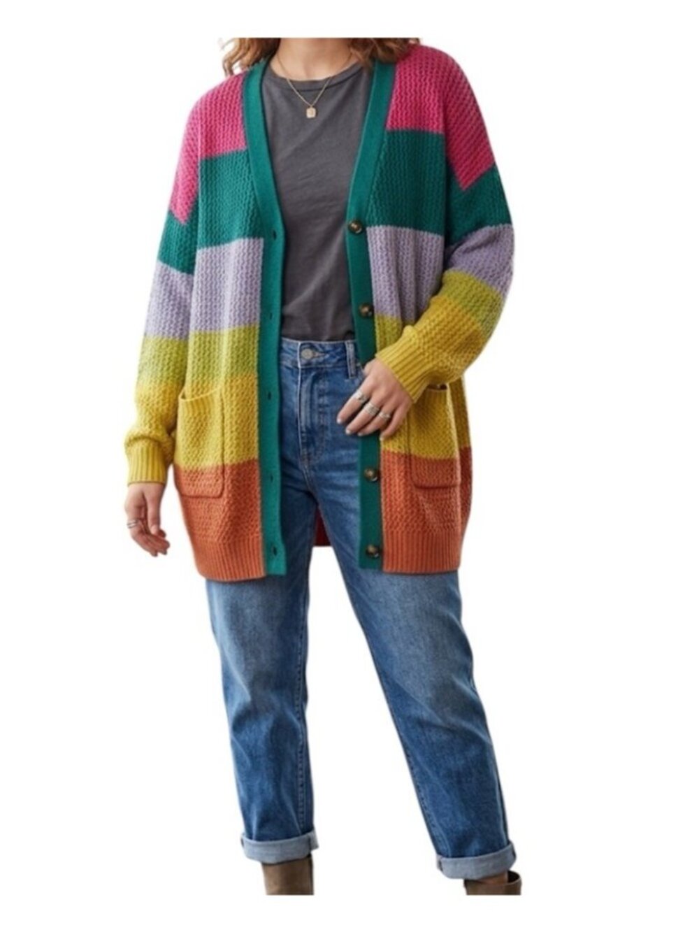 Polagram Multicolored Striped Open Front Pocketed Cozy Boho Sweater Large
